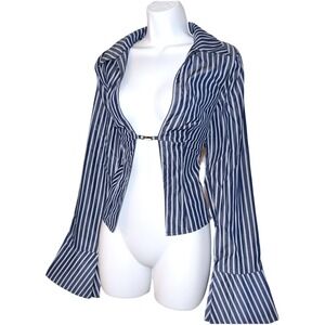 New XL Striped Long Sleeve Top Shirt Flare Y2k 90's Sexy Open Front
